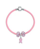 Bling Jewelry Support Breast Cancer Survivor Pink Ribbon Bead Charm Pink Leather Bracelet .925 Silver