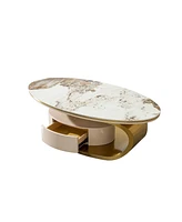 Modern 0.47" thickness sintered stone coffee table with 2 drawers,Matt gold stainless steel base