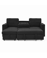 Streamdale Furniture Linen Upholstered Sleeper Sectional Sofa, Shaped Modular Convertible Sofa with Storage Chaise,There are two cup holders in the mi