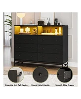 gaomon 6 Drawer Double Dresser Tv Stand, Bedroom With Power Outlet & Led Light, Wood For Room, Hallway, 47.2''W 15.8''D 36.2''H