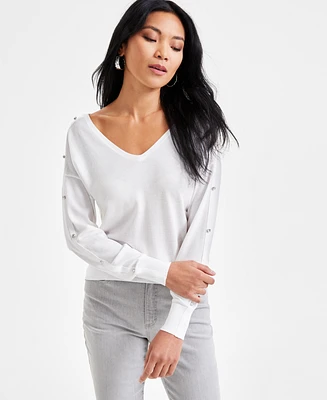 I.n.c. International Concepts Women's Double V-Neck Rhinestone-Sleeve Top, Exclusively at Macy's