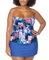 Raisins Curve Trendy Plus Size Zanzibar Tie Front Underwire Tankini Top Bravo Tummy Control Swim Skirt