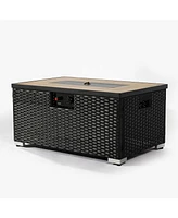 Rattan Fire Pit Table with Propane Tank Holder, Fire Table with Ceramic Tile Table Top