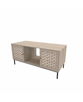 Elegant Veener Weaving Design Coffee Table with 4 Sliding Door, Wooden Center Rectangular Table with Symmetrical Design Storage Cabinet