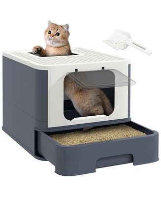 PawHut Cat Litter Box with Lid & Scoop for Large Cats Up to 13 lbs.,