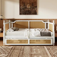 Traditional Style Rattan Twin Size Daybed with 2 Drawers for Limited Space, Guest Room, No Box Spring Needed,Antique White