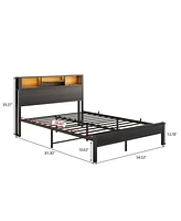 Streamdale Furniture Full Size Bed Frame with Storage Headboard, Metal Platform Bed with Charging Station, Bookcase Storage, No Box Spring Needed, Eas