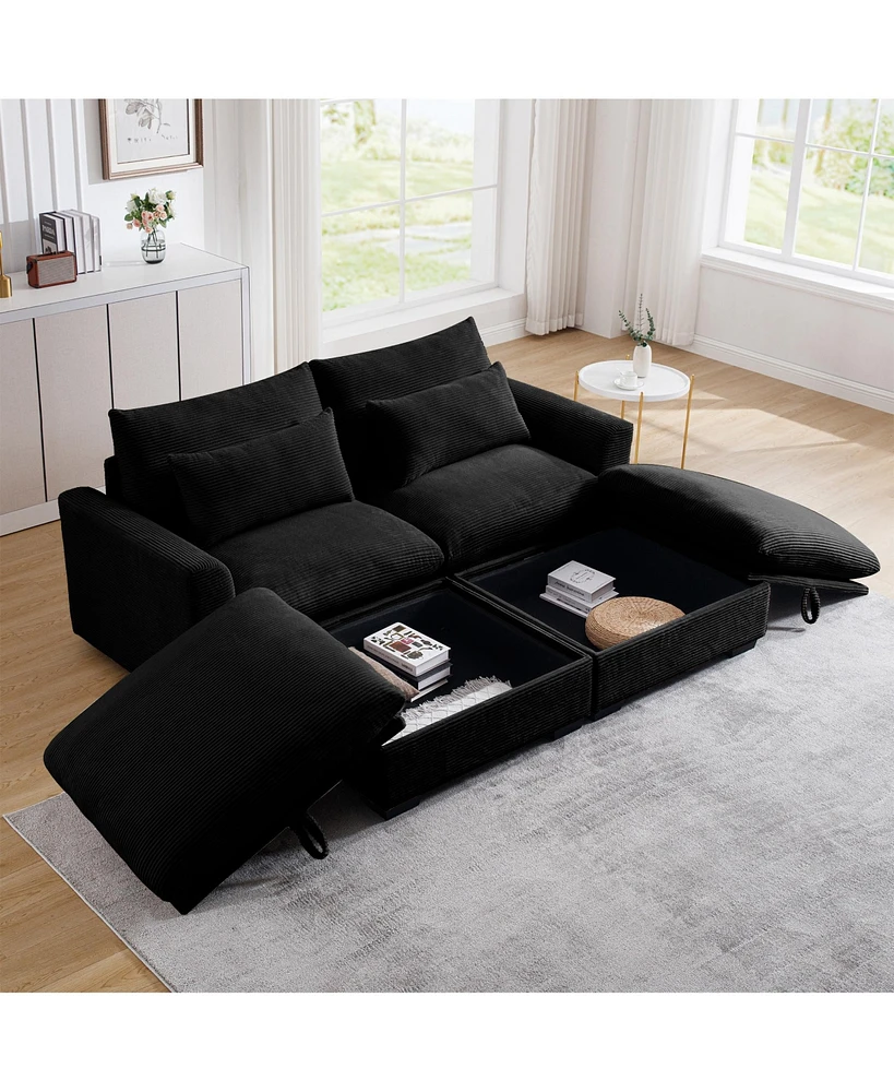 Streamdale Furniture Corduroy Two-Seater Sofa with 2 Storage Footrest,2 Seater Sectional deep seat sofa,Comfy Couches for Living Room,Black Sofa