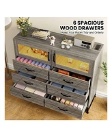 gaomon Dresser For Bedroom With Led Lights And Charging Station, 6 Drawer Double Dresser With 2 Shelves