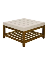 Streamdale Furniture Upholstered Coffee Table Tufted Linen Large Square Ottoman with Beech Wood Shelf and Frame, Oversized Footrest Ottoman for Living