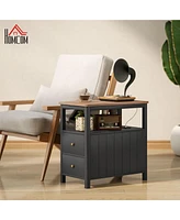 Homcom Narrow End Table with Charging Station, Usb Ports, Drawers,