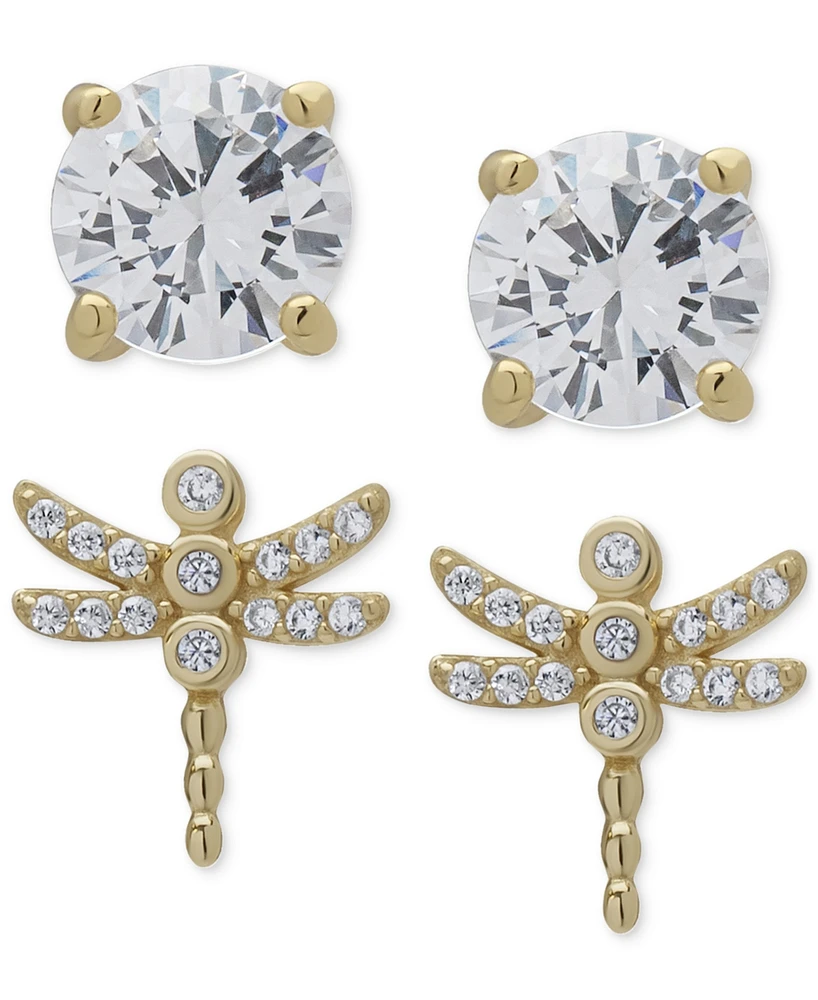 2-Pc. Set Lab Grown White Sapphire Dragonfly & Solitaire Stud Earrings (1-5/8 ct. t.w.) in 14k Gold-Plated Sterling Silver