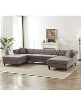135.5-inch Modern Style Chenille Three Piece Sofa, Pull Point Design U-shaped Sofa two Chaise Longue Seats, two Pillows and Wooden feet