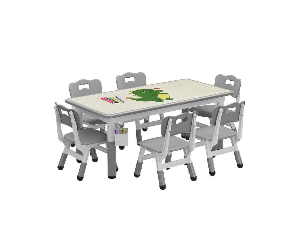 gaomon Kids Table and 6 Chairs Set with Storage Box, Height Adjustable Toddler Table and Chair Set for Ages 2-10, Graffiti Desktop, Non-Slip Legs
