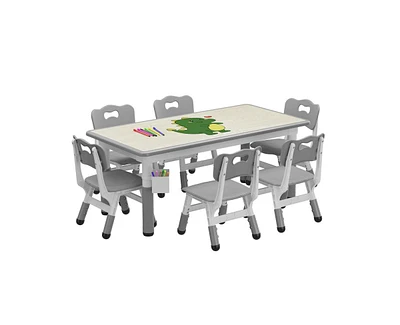 gaomon Kids Table and 6 Chairs Set with Storage Box, Height Adjustable Toddler Table and Chair Set for Ages 2-10, Graffiti Desktop, Non-Slip Legs