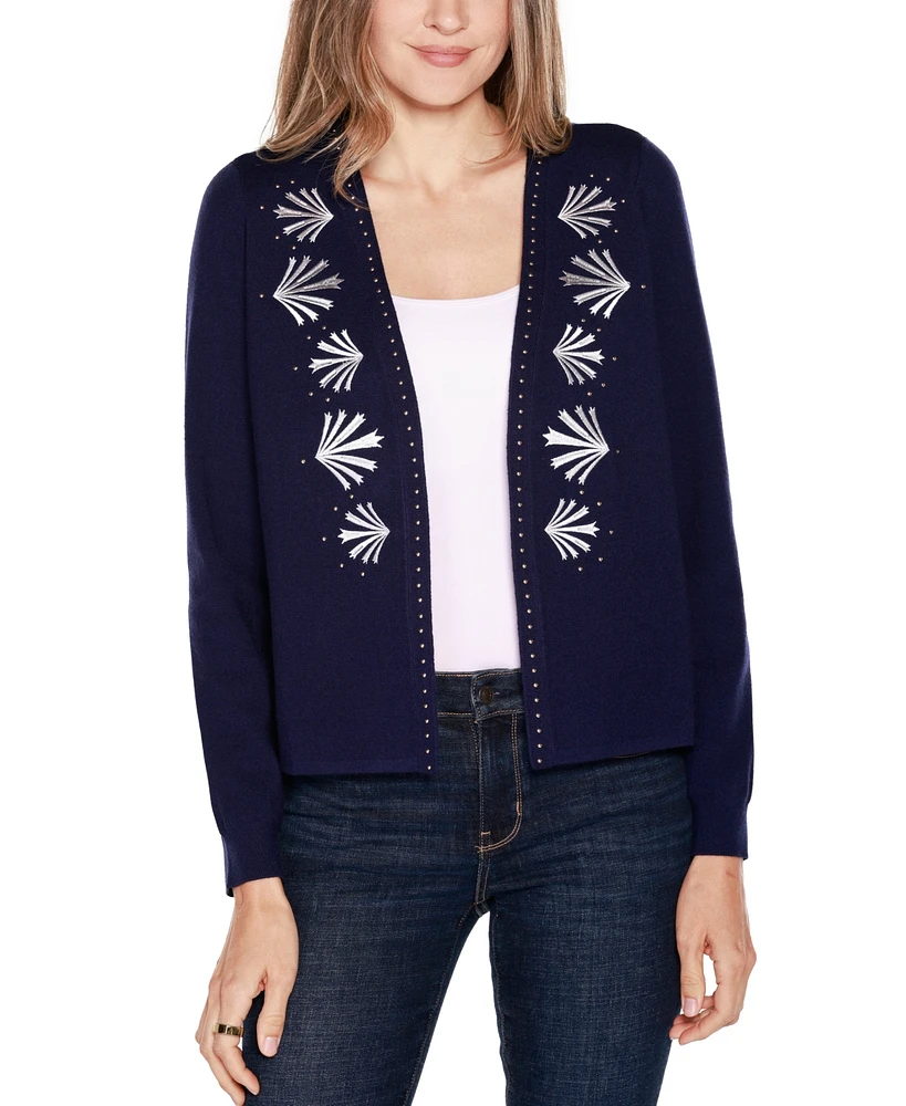 Belldini Women's Black Label Embroidered Open-Front Cardigan Sweater