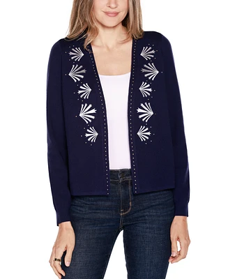 Belldini Women's Black Label Embroidered Open-Front Cardigan Sweater