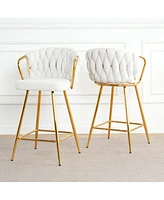 Modern design High stool Gold Plated legs Kitchen Dining White linen bar chair, suitable for Cafe Bar Restaurant (set of 2)