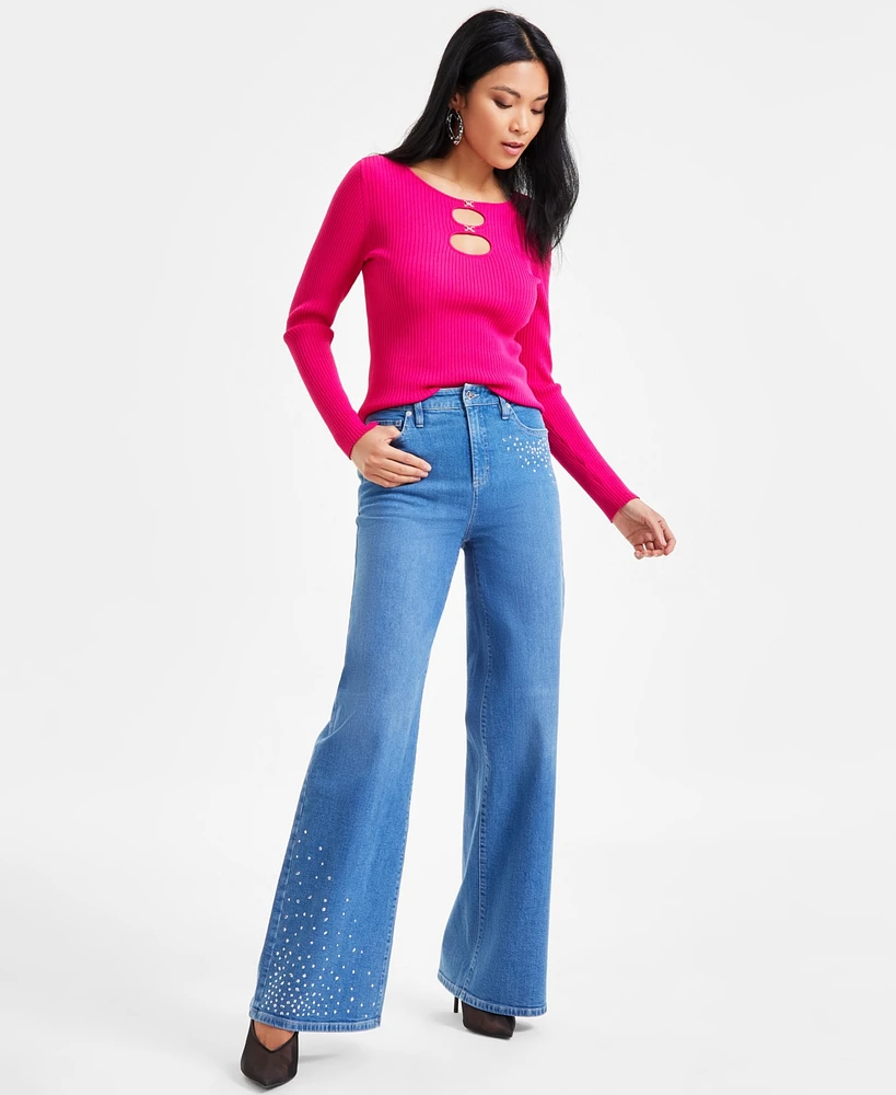 I.n.c. International Concepts Women's Wide-Leg Rhinestone Denim Jeans, Exclusively at Macy's