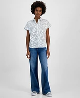 Tommy Hilfiger Women's Cotton Dot-Print Short-Sleeve Camp Shirt