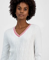 Tommy Hilfiger Women's Cotton Cable-Knit Contrast-Trim Sweater