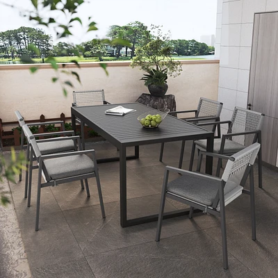 Outdoor Dining Set, Dining Chair Set of 6 + Aluminum Dining Table, Gray+Black