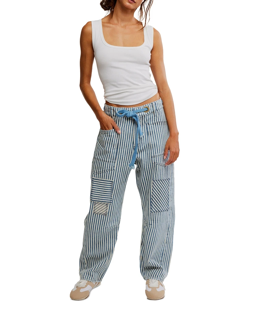 Free People Women's Cotton Moxie Railroad-Stripe Patchwork Jeans