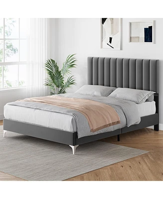 gaomon Queen Size Bed Frame with Adjustable Headboard, Velvet Upholstered Platform Bed Frame