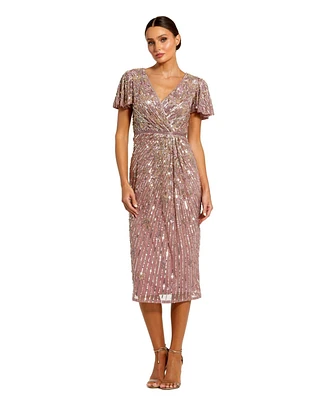 Mac Duggal Women's Embellished Faux Wrap Flutter Sleeve Dress