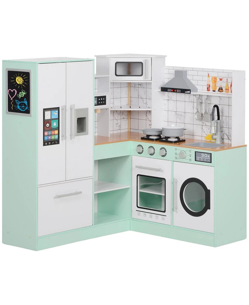 Qaba Play Kitchen, Corner Kids Kitchen Playset w/ Chalkboard, Range Hood