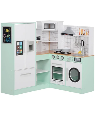 Qaba Play Kitchen, Corner Kids Kitchen Playset w/ Chalkboard, Range Hood