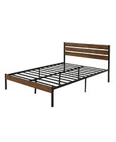 Slickblue Queen Size Bed Frame with Wood Headboard, Metal Frame with Strong Slats, Noise Free,No Box Spring Needed