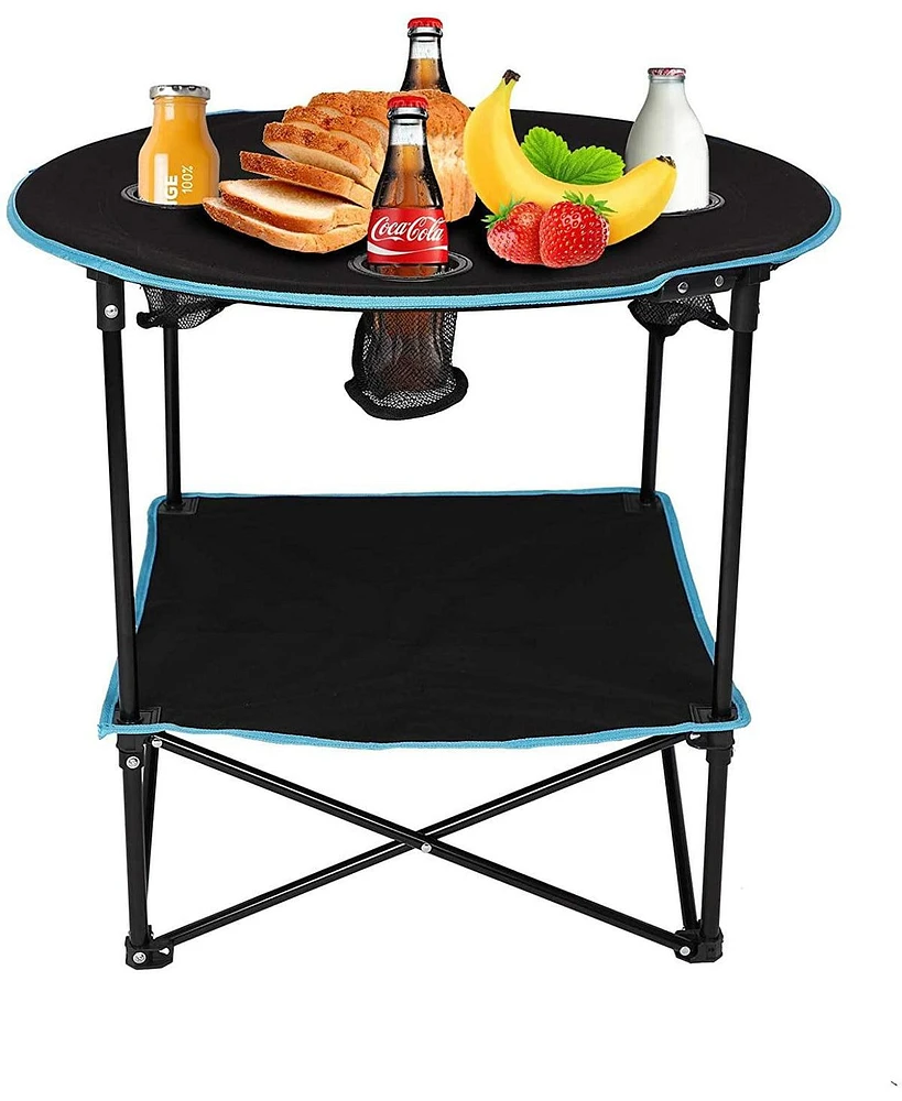 Slickblue Portable Round Folding Table – Camping & Picnic Table with 4 Cup Holders and Carry Bag