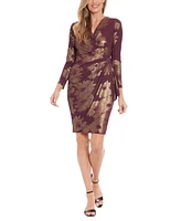 London Times Women's Metallic-Print Wrap Sheath Dress