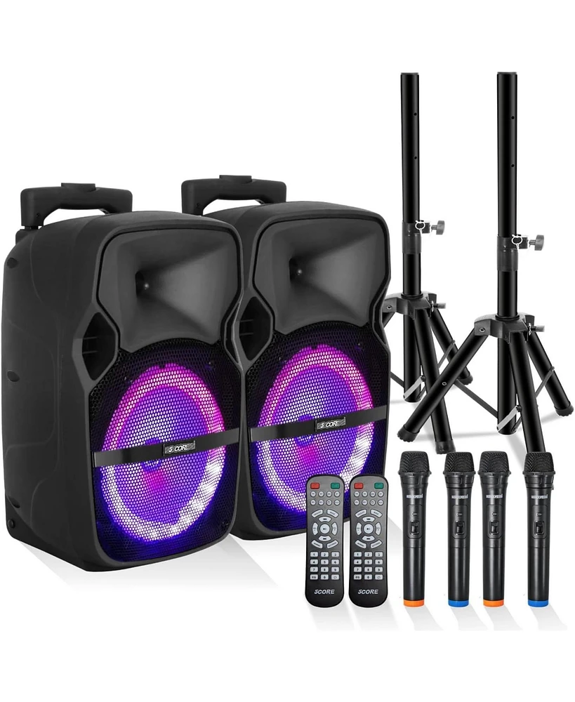 5 Core Tws Pair Bluetooth Party Speakers Portable Karaoke Pa System Rechargeable Loud Speaker + 2X Tripod Stand 4X Wireless Mics Led Light