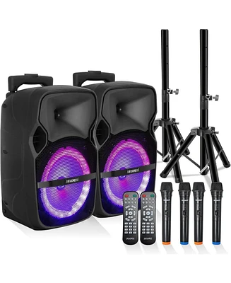 5 Core Tws Pair Bluetooth Party Speakers Portable Karaoke Pa System Rechargeable Loud Speaker + 2X Tripod Stand 4X Wireless Mics Led Light