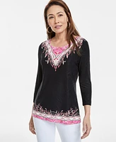 Jm Collection Women's Printed Jacquard 3/4-Sleeve Top, Exclusively at Macy's