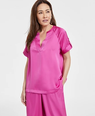 Jm Collection Women's Satin Split-Neck Short-Sleeve Top, Exclusively at Macy's