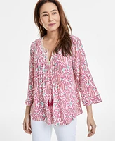 Jm Collection Women's Printed Split-Neck 3/4-Sleeve Top, Exclusively at Macy's