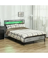 Homcom Led Full Size Bed Frame with Headboard Charging Station, Cement