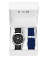 Guess Men's Analog Black Genuine Leather and Blue Silicone Interchangeable Strap Watch, 44mm