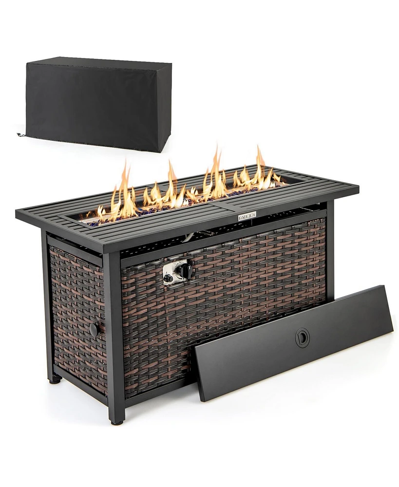 Sugift 45 Inch Propane Rattan Firepit Table with Glass Stones and Protective Cover-Mixed Brown