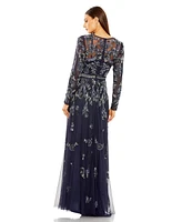 Mac Duggal Women's Long Sleeve High Neck Floral Beaded A-line Mesh Gown