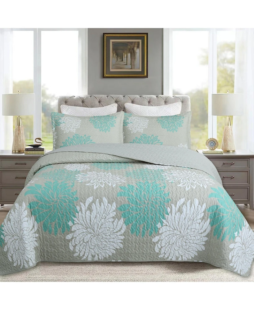 MarCielo 3 Piece Chrysanthemum Pattern Quilt Set Lightweight Bedspread Set Queen