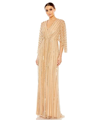 Mac Duggal Women's Beaded Striping Kimono Sleeve V Neck Gown