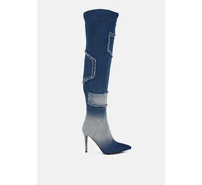Eilish Rhinestones Knee High Denim Boots