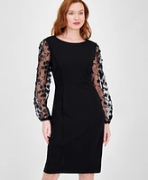 Connected Women's Boat-Neck Floral-Sleeve Sheath Dress