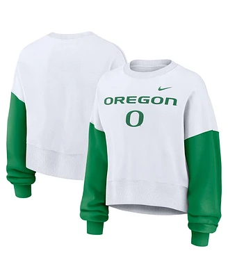 Nike Women's White Oregon Ducks Colorblock Fleece Oversized Copped Pullover Sweatshirt
