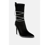 London Rag Dacia Rhinestones Strap Satin Calf Boots