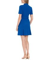 London Times Women's Belted Pleated Fit & Flare Dress